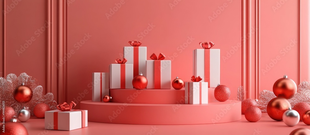 Poster 3D render of a festive background featuring wrapped gift boxes ornaments and empty podiums designed for product displays Ideal for commercial sale promotions