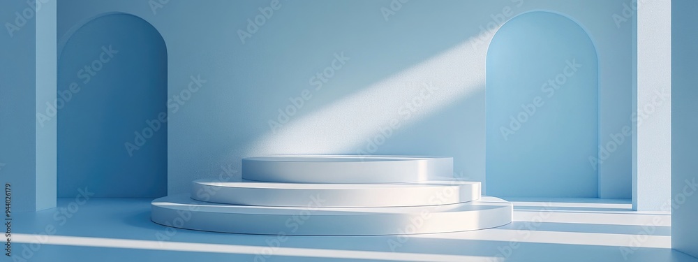 Poster 3d mockup of a blue and white product podium featuring a minimal abstract background rendered in 3d
