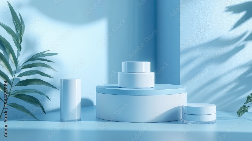 Aufkleber 3D rendering of a minimalist product display suitable for cream cosmetics with a modern blue pastel background