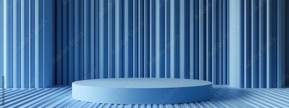 Aufkleber 3d rendering of a podium stage with a blue striped backdrop