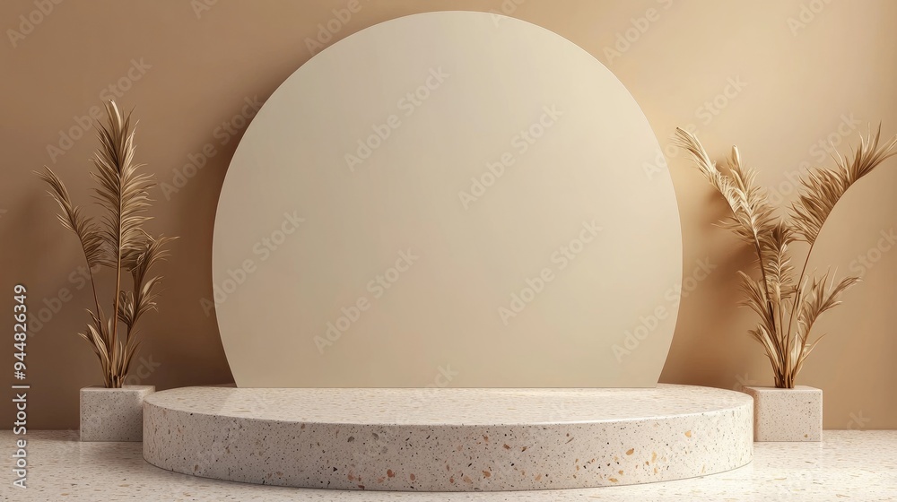 Poster 3d rendering of a blank mockup terrazzo curved podium against a beige circular background wall