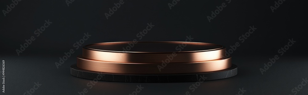 Poster 3D rendering of an isolated pedestal on a black background featuring a round copper frame and cylindrical steps showcasing an abstract minimalist concept with a blank space and clean design ideal