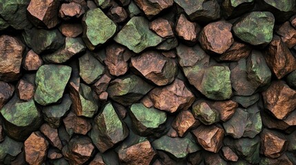 Raw copper ore, bright green and metallic, against dark stone, high contrast
