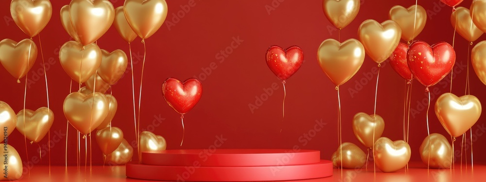 Poster 3d abstract love themed background featuring a red podium surrounded by golden heart shaped balloons