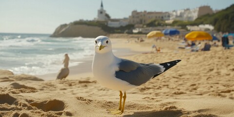 Soaring Seagull: Symbol of Freedom and Harmony in Nature. Minimalist Composition Capturing Peaceful Coexistence of Wildlife and Humanity. Elegant Design Template with Copy Space for Travel Marketing, 
