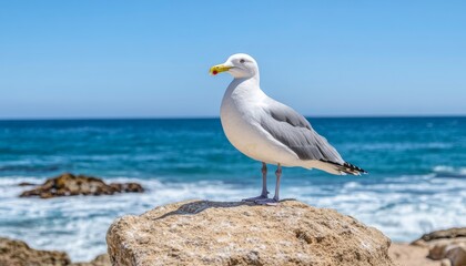 Obraz premium Soaring Seagull: Symbol of Freedom and Harmony in Nature. Minimalist Composition Capturing Peaceful Coexistence of Wildlife and Humanity. Elegant Design Template with Copy Space for Travel Marketing, 