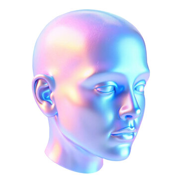 3D futuristic metallic human head sculpture with vibrant iridescent colors reflecting in a digital design. Isolated on transparent background, png.
