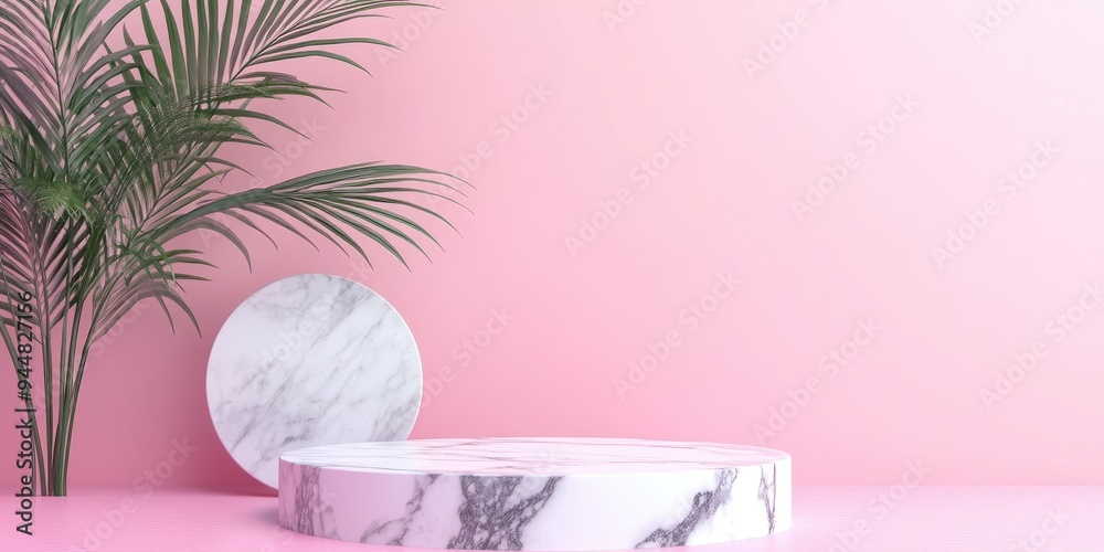 Aufkleber 3d rendering of a stone palm leaf and pink background featuring a geometric design with a marble pod