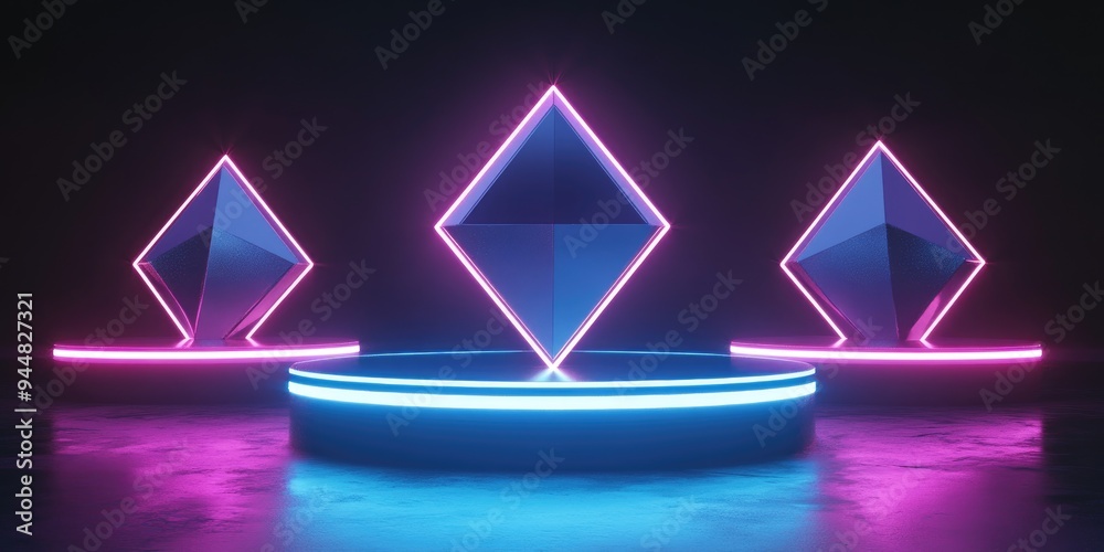 Poster 3d rendering of diamond shaped podiums illuminated by neon lights in a dark room