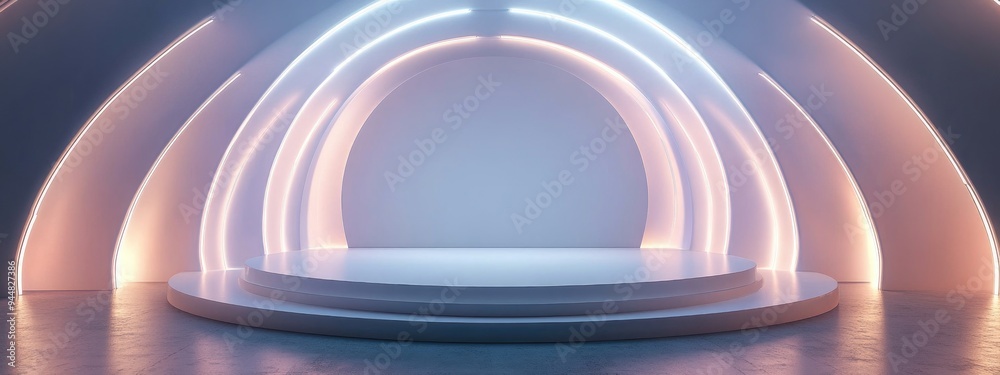 Aufkleber 3D rendering of an abstract futuristic backdrop featuring a blank podium stage designed for product showcases