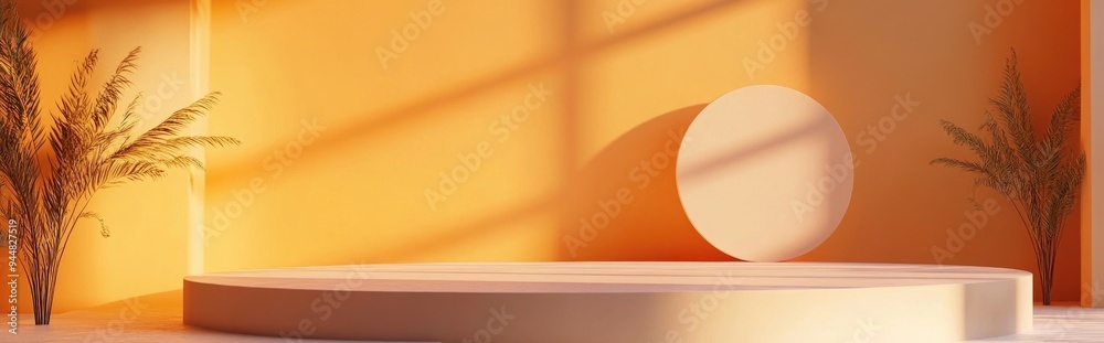 Poster 3D rendering of vacant podiums set against a light orange backdrop An abstract scene suitable for product mock up templates