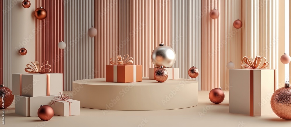 Poster 3d render of a festive background featuring wrapped gift boxes ornaments and empty podiums designed 