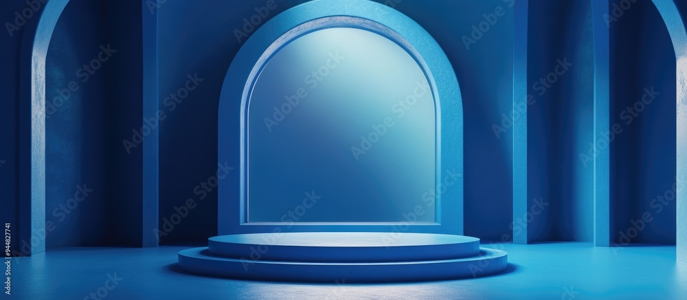 Poster 3d rendering of a blue podium featuring a circular background