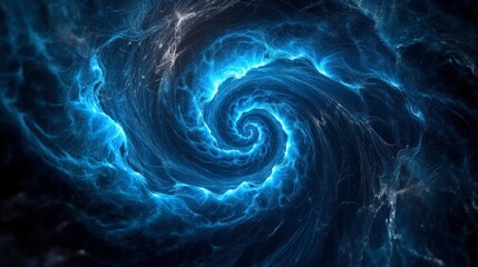 Spiral geometry, twisting lines, glowing blue, dark background