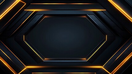 Symmetrical polygons, layered design, glowing lines, dark background