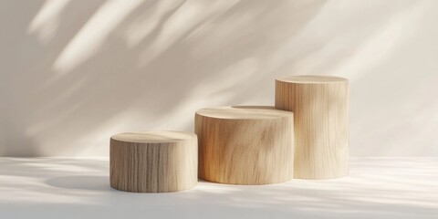 3D illustration of wooden trunks as podiums featuring a minimalistic background and a beige product display pedestal crafted from wood