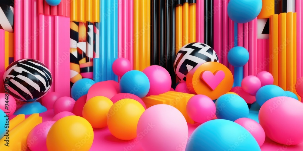 Poster 3D render of an abstract geometric background featuring vibrant colorful primitive shapes
