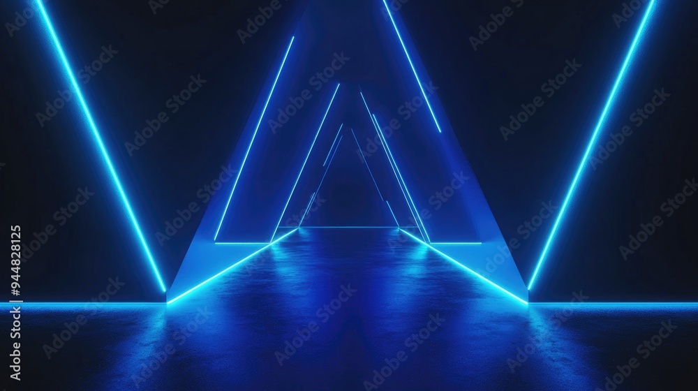 Poster 3d rendered black geometry illuminated by blue gradient neon lights against a dark backdrop