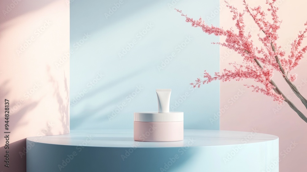 Aufkleber 3D rendering of a minimalist product display suitable for cream cosmetics with a modern blue pastel background