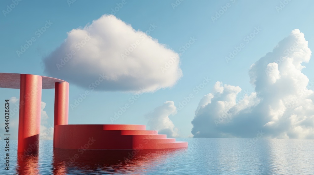 Aufkleber 3D rendering of an abstract minimalistic background featuring a white cloud in a blue sky above a red cylindrical podium with steps including an empty pedestal and water Simple setting for showcasi