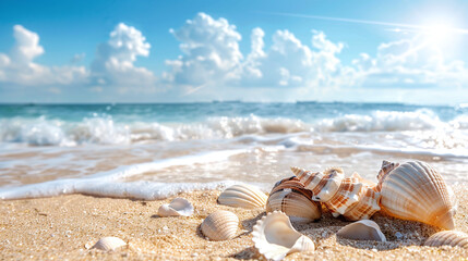 Sea Shells on a Sandy Beach During a Bright Sunny Day - Coastal Beauty and Summer Vibes