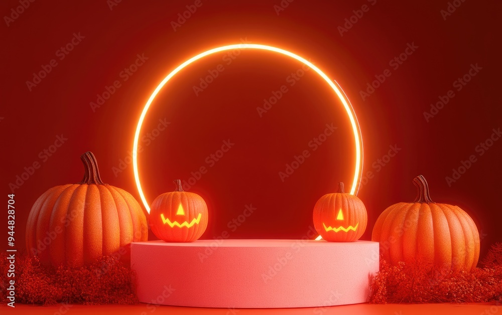 Poster 3d render of a set of pumpkins for halloween with a podium for product presentation