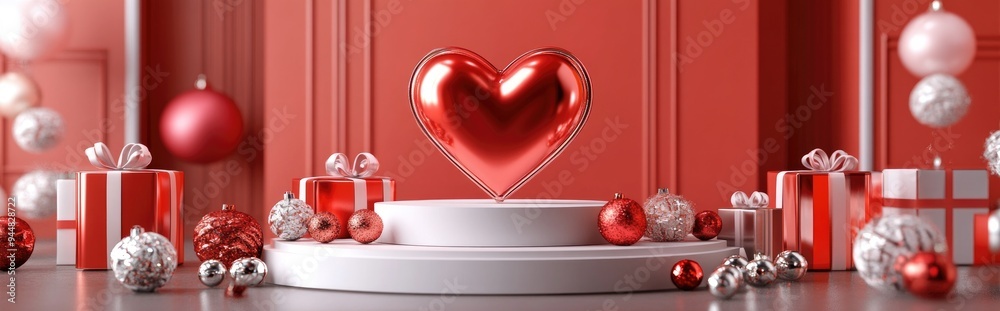 Poster 3d rendering of a heart on a podium surrounded by decorative gift boxes and ornaments
