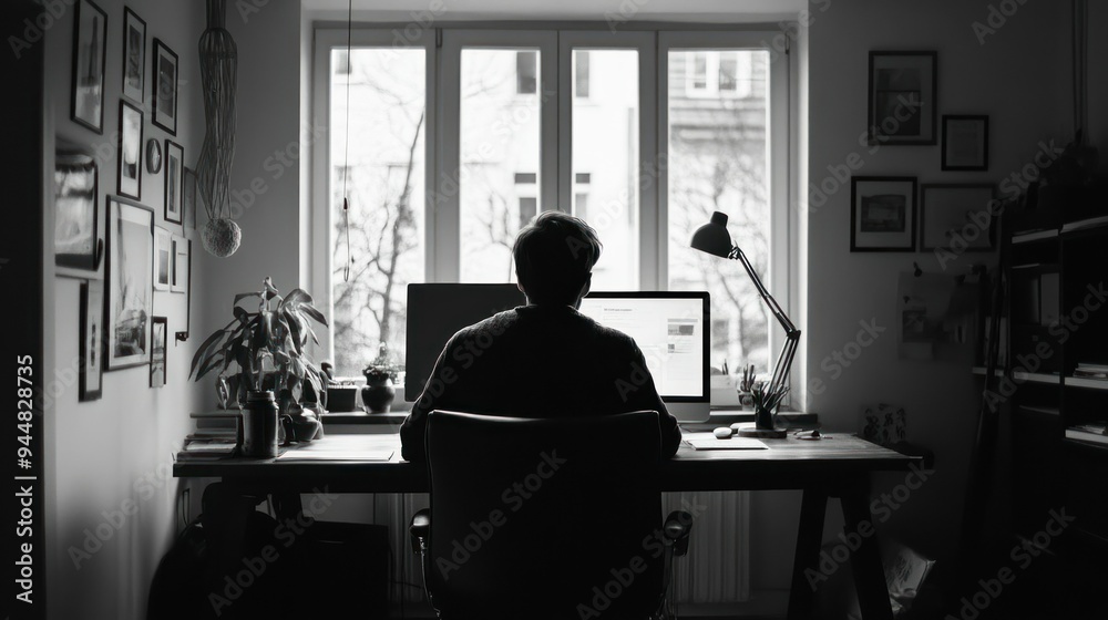 Poster silhouette of a person sitting at a desk in front of a window