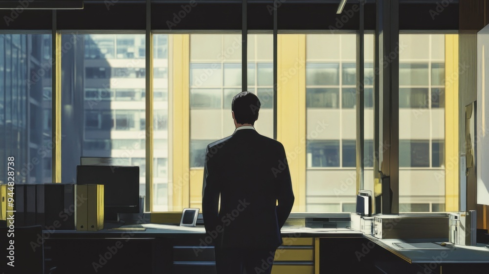 Poster man in suit looking out window in office