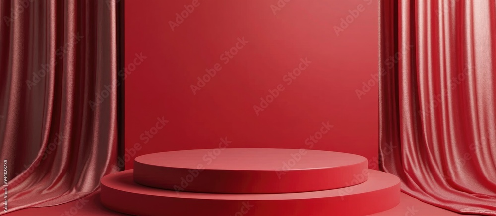 Poster 3D rendering of a minimalist display backdrop for cosmetic products featuring a sleek red podium