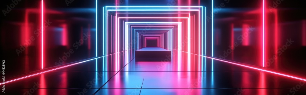 Fototapete 3D rendering of a virtual reality space featuring a neon lit square portal tunnel and corridor with an ultraviolet abstract backdrop complemented by a laser display a fashion catwalk podium and re