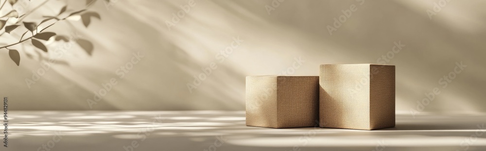 Poster 3D rendering of a minimalistic background featuring two brown fabric boxes