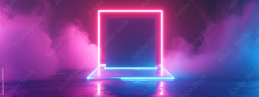 Poster 3D rendered abstract backdrop featuring a square portal illuminated lines neon lights a virtual reality arch and vibrant pink and blue spectrum colors resembling a laser show with a blank space an