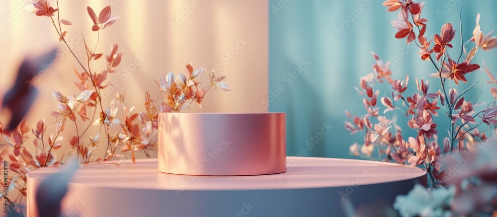 Aufkleber 3D rendering featuring a podium with an abstract floral background and geometric shapes in soft pastel colors