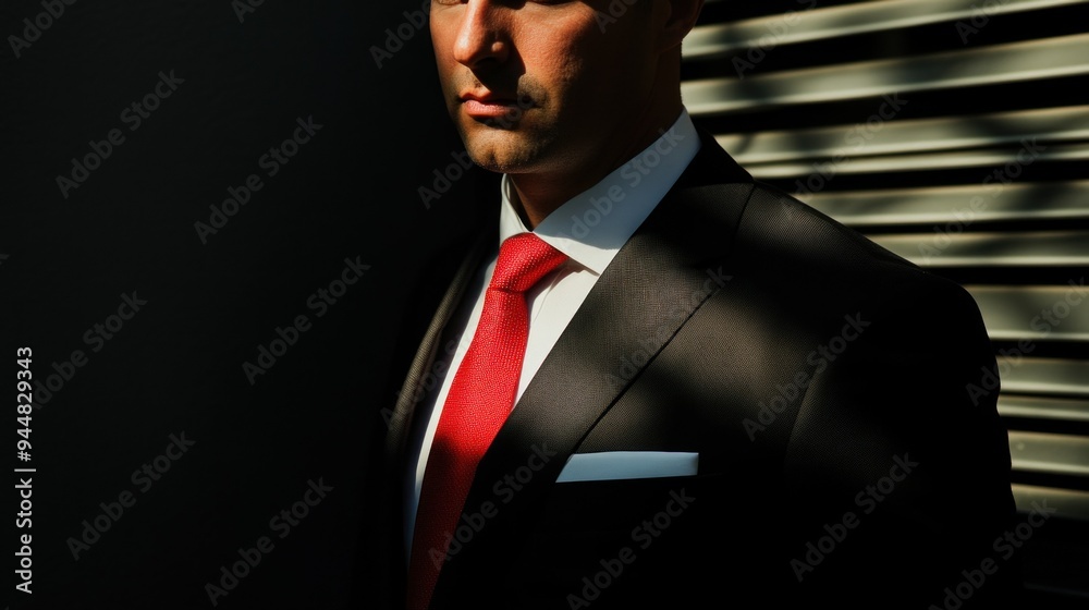 Poster close-up of a man in a suit with a red tie