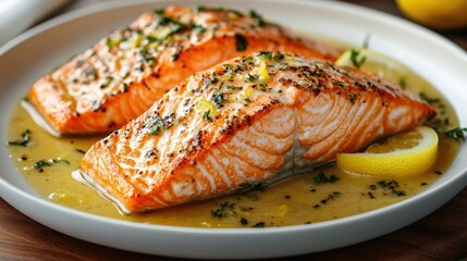 Delicious grilled salmon fillet garnished with herbs and lemon, served on a white plate, perfect for healthy meal inspiration.