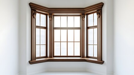 25. **A classic bay window with detailed wooden trim, set against a pristine white background.