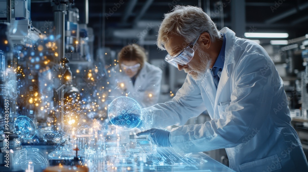 Wall mural scientist working with holographic interface in modern lab