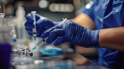 Close-up of a gloved hand preparing an injection
