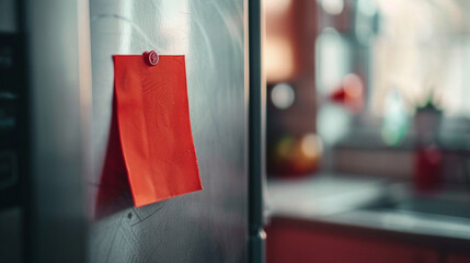 Red Note on Refrigerator Door: Reminder and Message Concept in Kitchen Setting