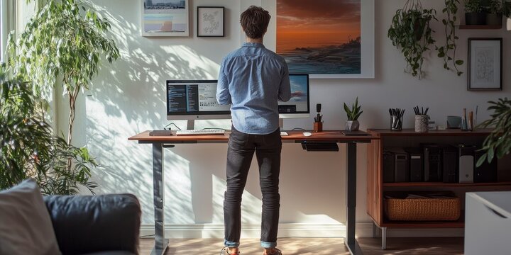 Freelancer taking regular breaks to stretch at a standing desk promoting healthy work habits in a modern home office