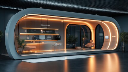 Futuristic Modern Interior Design with Curved Walls and Neon Lights