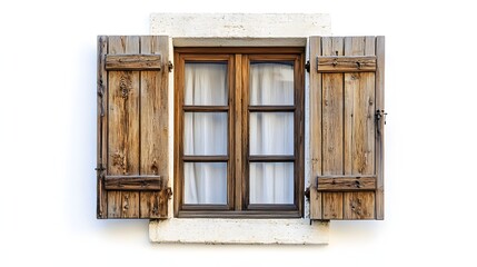 Obraz premium 27. **A charming wooden window with shutters, isolated on a pristine white background.