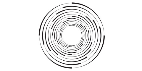 Black concentric circle set. Sonar or sound wave ring collection. Dotted and linear epicentre, target, radar icon concept. Ripple radial signal or vibration elements. 