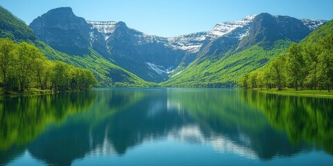 Fototapeta premium Breathtaking Scenic Panorama of Serene Mountain Lake with Lush Green Forests and Snow-Capped Peaks Reflecting in Crystal Clear Water