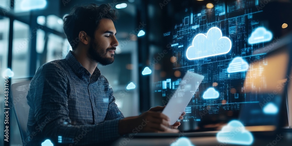 Poster Professionals in a modern office leading digital transformation initiatives using cloud computing and data analytics