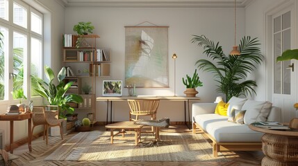 Contemporary Chic: Stylish Living Room with Design Furniture and Bamboo Bookstand