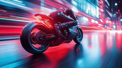Obraz premium Fast Motorcycle Rider In Neon City Lights