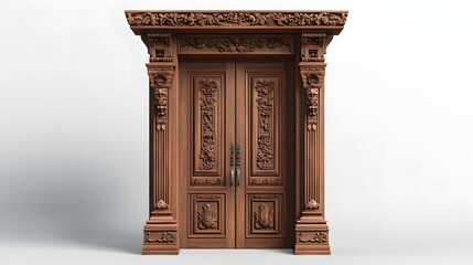 Fototapeta premium 2. **A traditional wooden door with detailed carvings, rendered on a pristine white background.