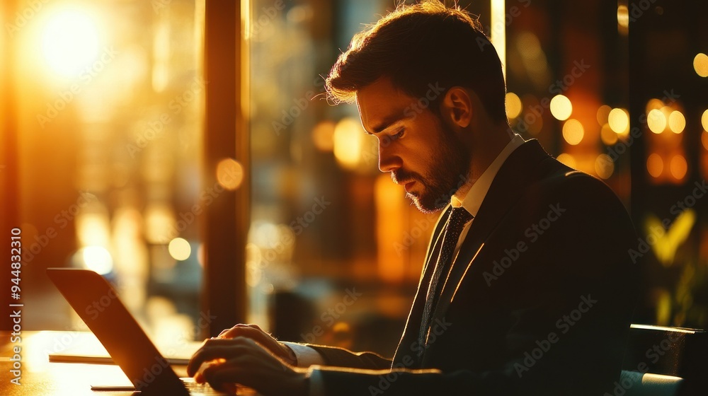Poster Man in Suit Using Laptop with Window Light Behind Him